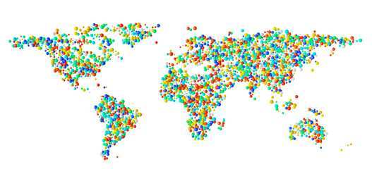 Obraz premium Funny World map filled with sphere of various colors. 3d rendering