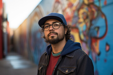 Hispanic Male Graffiti Artist in Urban Alleyway Mural Scene