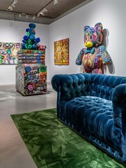 In one corner of the gallery stands a colorful sideboard with a sculpture of stacked stuffed teddy bears in different colors, a beige green patterned carpet covers the floor, and blue velvet sofas lea