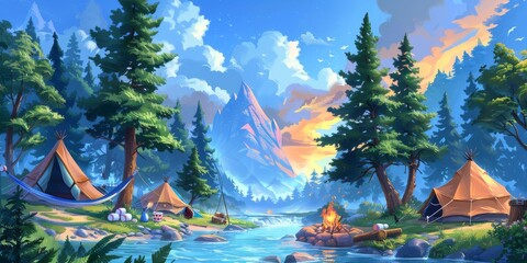 Picturesque campsite beside a serene mountain lake at sunset, surrounded by pine trees and tents, with a clear blue sky overhead