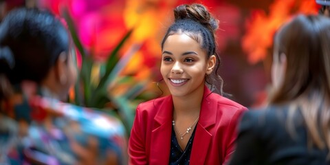 A young businesswoman leads a diverse team in a collaborative cafe meeting. Concept Business meeting, Collaboration, Diverse team, Cafe setting, Young professional