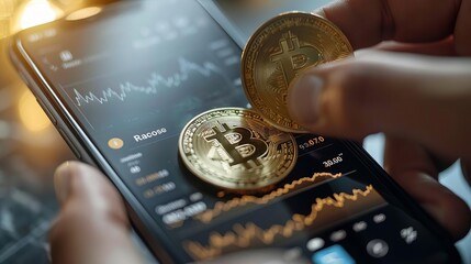 Illustrate a secure digital wallet on a smartphone screen, with a user making a cryptocurrency transaction, Close up