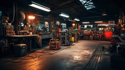 A photo of a well-organized auto repair workshop.