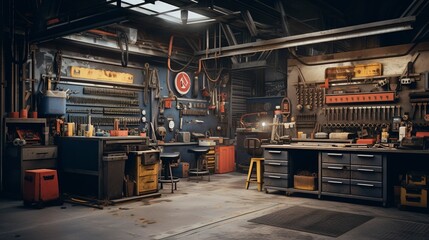 A photo of a well-organized auto repair workshop.