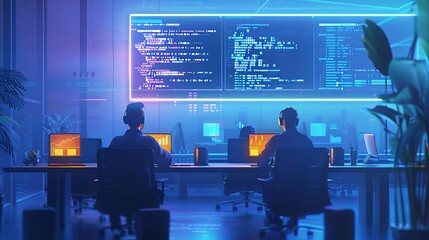 Illustrate a virtual meeting of developers working on a new blockchain project, with code and blockchain diagrams in the background, Close up