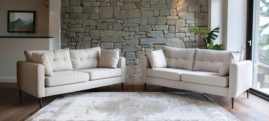 Two beige fabric sofas in the living room with a white rug and stone wall background