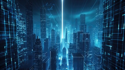 A futuristic cityscape with skyscrapers and digital data streams, illuminated by an ethereal blue light. The background is dark to highlight the glowing buildings and neon lights. 