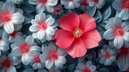 standing out from the crowd concept. Pink flower growing between many white flowers