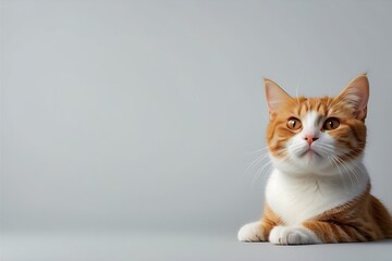 Obraz premium Orange and White Domestic Cat Looking Up Against a Gray Background