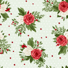 Seamless pattern, tileable Christmas holiday floral, country flowers dots print, English countryside roses for wallpaper, wrapping paper, scrapbook, fabric and product design motif