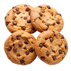 Freshly baked chocolate chip cookies isolated on Transparent background.