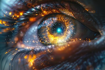 Realistic hologram of human eye and real eye close-up.Laser eye surgery, cataract, ophthalmologist