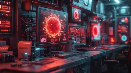 High-tech computer lab with multiple monitors showing red virus alerts and data, emphasizing cybersecurity and malware detection