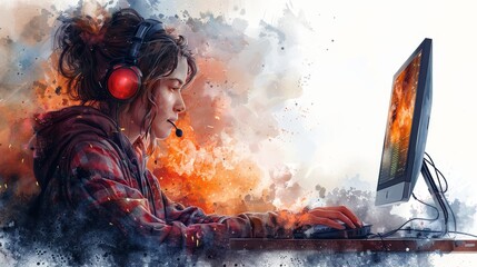 Watercolor painting of a woman with a headset working on a computer, symbolizing concentration and engagement