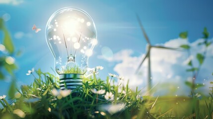 A light bulb is surrounded by grass and flowers, green energy concept