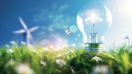 A light bulb is on top of a grassy hill with a windmill in the background, green energy concept