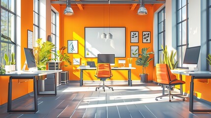 Picture a flat design of a happy office with engaging and colorful workspaces