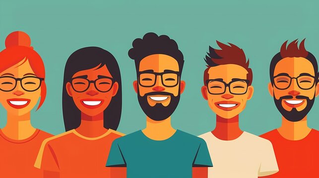 Picture a flat design of a team working together with smiles and laughter