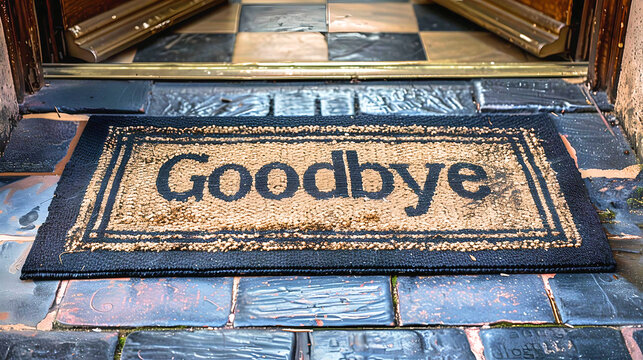 Goodbye mat placed on a rustic tile porch, creating a unique and welcoming entrance with a touch of humor.