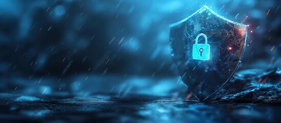 Glowing Shield with Lock Icon in Rain