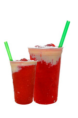 Panoramic still life of colorful frozen fruit granita drinks flowing in plastic takeaway cups with ice cream straws taste..