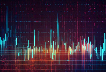 Abstract digital data visualization with colorful vertical bars and lines on a dark background, representing financial or statistical information.