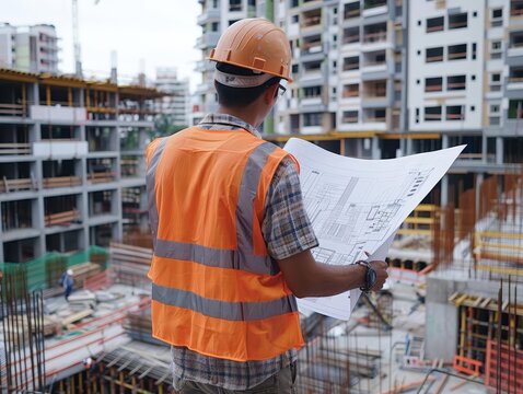A construction worker holding blueprints at a building site, emphasizing planning and coordination in construction