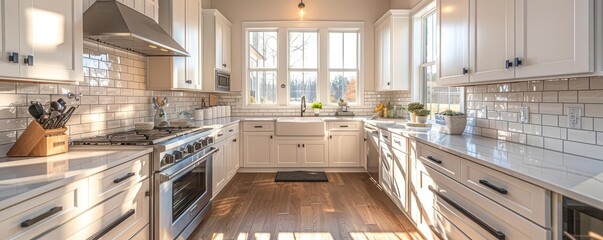 A luxurious kitchen in a newly built house, with sunlight streaming in, showcasing modern design and amenities