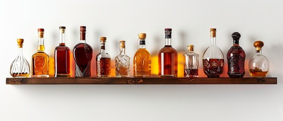A shelf of liquor bottles with a variety of colors and shapes
