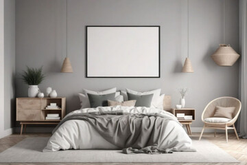 mock up poster frame in modern bedroom interior background, living room, Scandinavian style, 3D render, 3D illustration