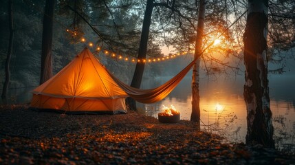 A small orange tent is set up next to a campfire