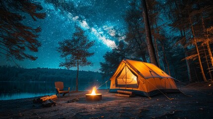 A small tent is set up in a forest with a fire burning in front of it