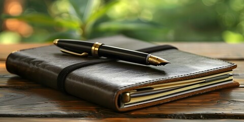 Black leather diary and pen on table no logo A5 size. Concept For this request, I recommend the...