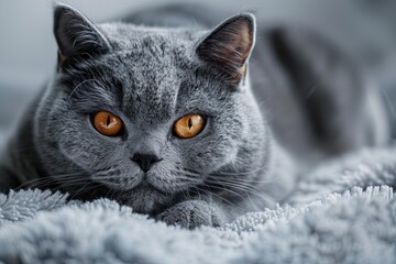 majestic british shorthair cat with striking orange eyes and fluffy gray fur animal portrait