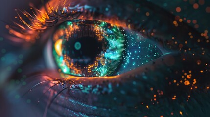 Digital eye with digital data flowing in the iris, representing advanced AI technology and cyber security. Futuristic background with glowing light effects, creating an immersive visual experience.