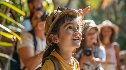 Family visiting a zoo, children excitedly pointing at animals, parents capturing moments on camera, sunny day