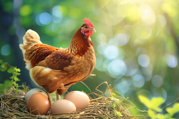 hen hatching eggs with nature background