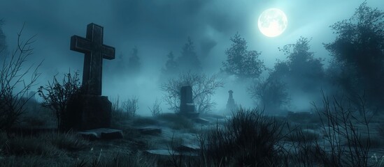 Spooky Moonlit Cemetery with Fog