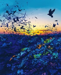 Dramatic sunset over a landfill overflowing with plastic waste