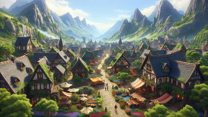 Idyllic Fantasy Village: Serene Mountainside Community