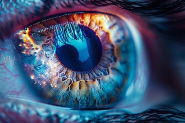 Realistic hologram of human eye and real eye close-up.Laser eye surgery, cataract, ophthalmologist