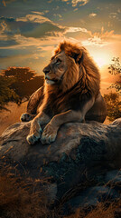 Majestic Lion Resting on Rocky Outcrop in Golden African Savanna at Sunset