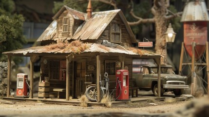A gas station with a rustic wooden exterior and a handcrank gasoline pump on display.
