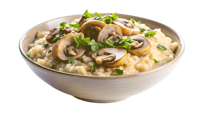A bowl of creamy risotto with mushrooms isolated on Transparent background.