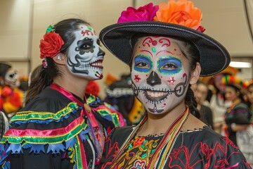 Obraz premium Lively image of people in traditional costumes, celebrating a joyful Dia de los Muertos.