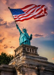 statue of liberty and flag