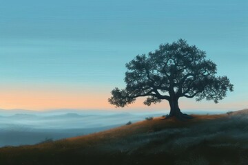 majestic solitary oak tree stands tall on a misty hill at dawn nature landscape digital painting