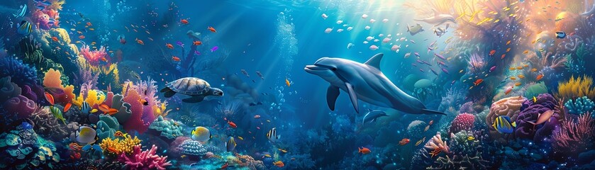 Vibrant underwater scene featuring a dolphin and sea turtle amidst colorful coral reefs and diverse marine life bathed in sunlight.