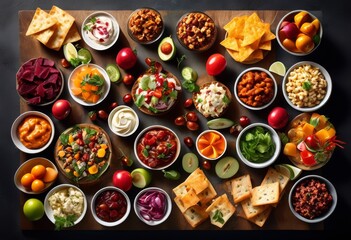 chic snack flat diverse appetizers wide angle view overhead light, lays, nibble, horizontal, variety, food, assortment, perspective, brightness, contemporary