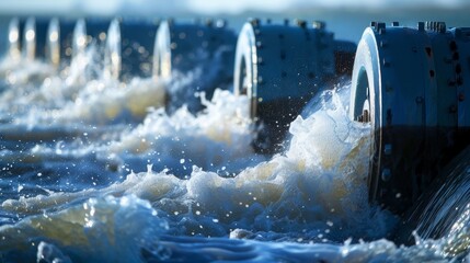A group of cylindrical wavepowered generators lining a bay spinning rapidly as the waves roll in from the open ocean.